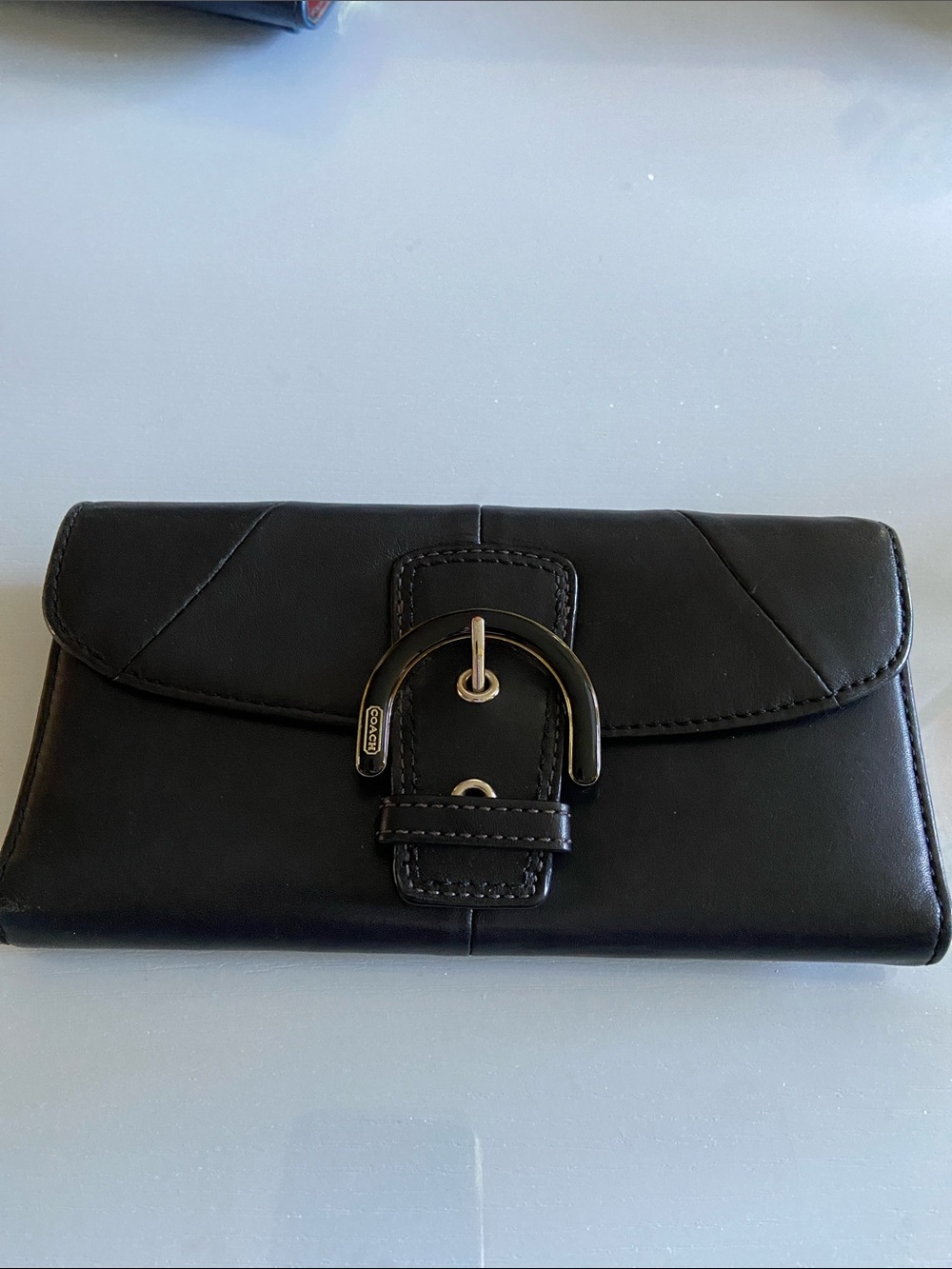Coach Black Leather Wallet with Polished Buckle Accent